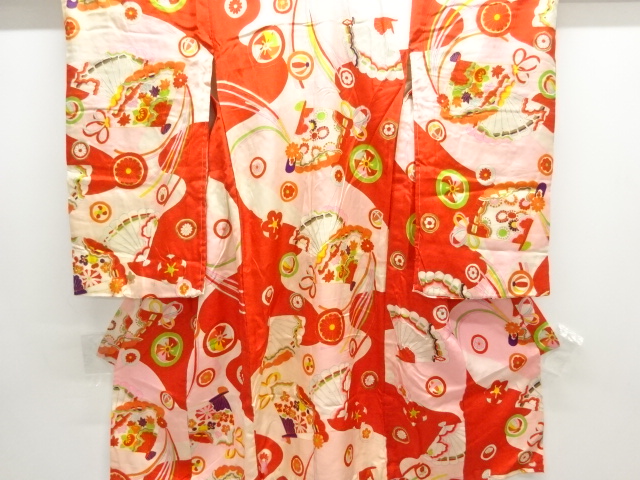 アンティーク　檜扇に花模様着物